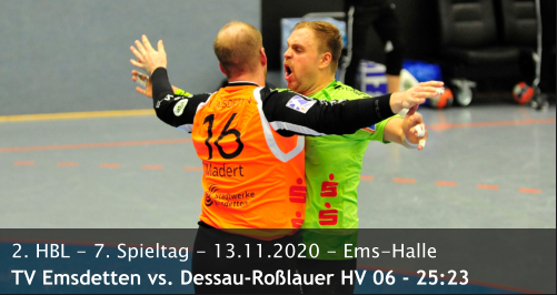 2. HBL - 7. Spieltag - 13.11.2020 - Ems-Halle TV Emsdetten vs. Dessau-Roßlauer HV 06 - 25:23